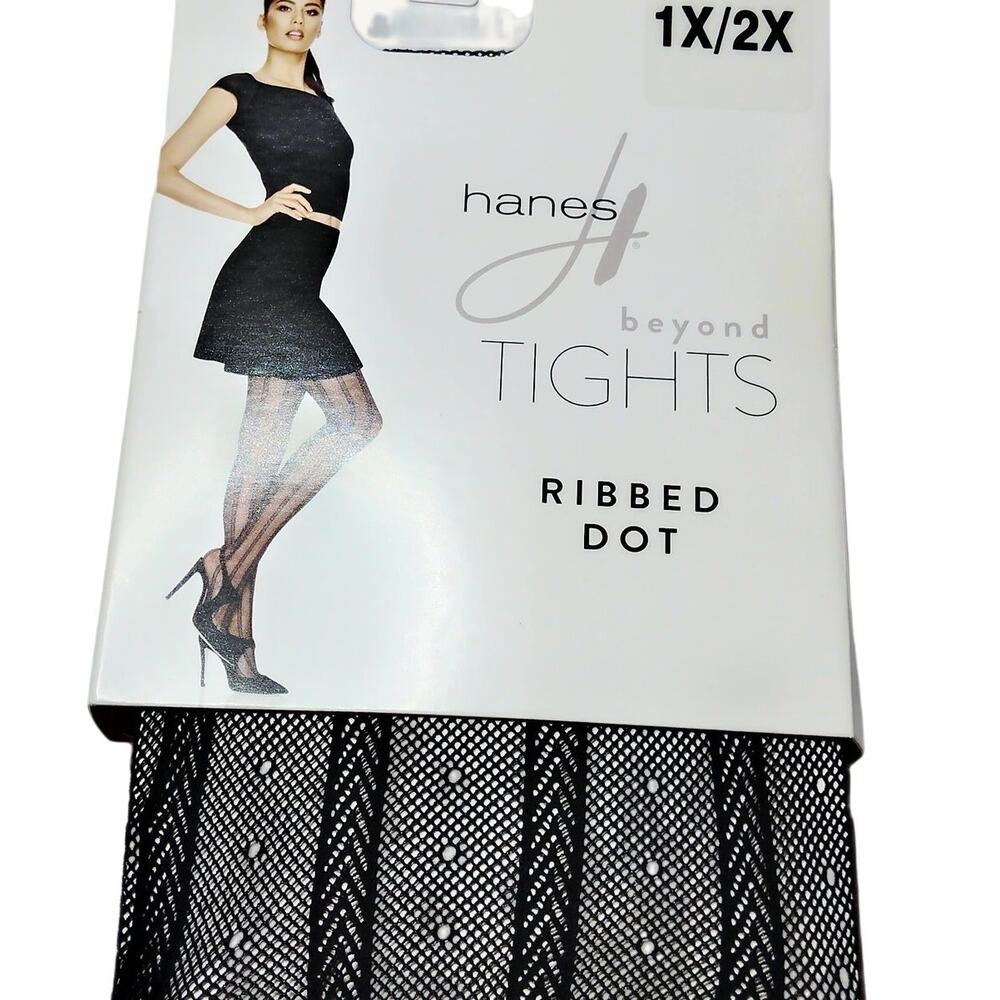 Hanes Beyond Ribbed Dot Tights - Black Sheer & Ribbed Pattern - Women's 2X